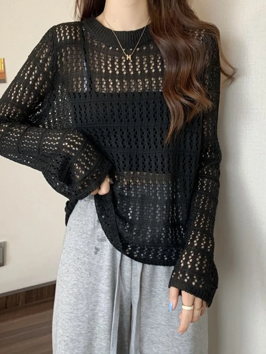 women's-loose-long-sleeve-hollow-knitted-sweater-spring-summer-overalls-slimming-sunshade-two-piece-set-korean-style