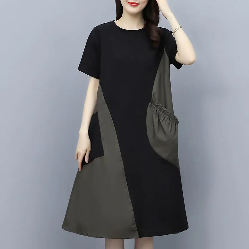 Summer New Round Neck Fashion Short Sleeve Midi Dress Women High Street Contrast Color Dresses Pleated Patchwork Pocket Vestidos