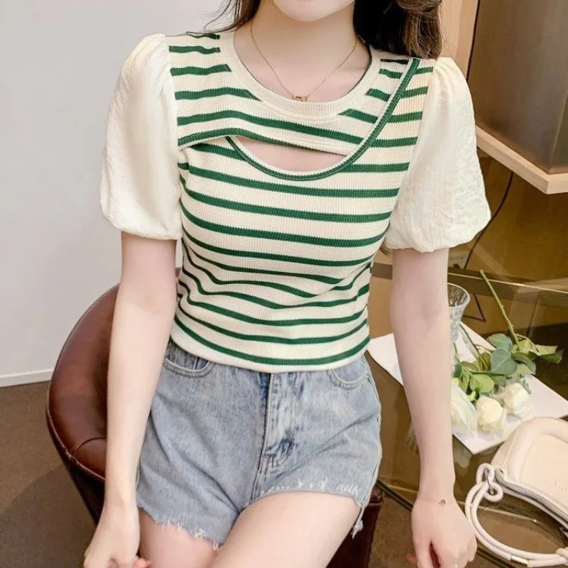 Women\'s Round Neck Summer Striped Puff Short Sleeve Screw Thread Contrast Color T-shirt Sweater Knitted Casual Elegant Tops