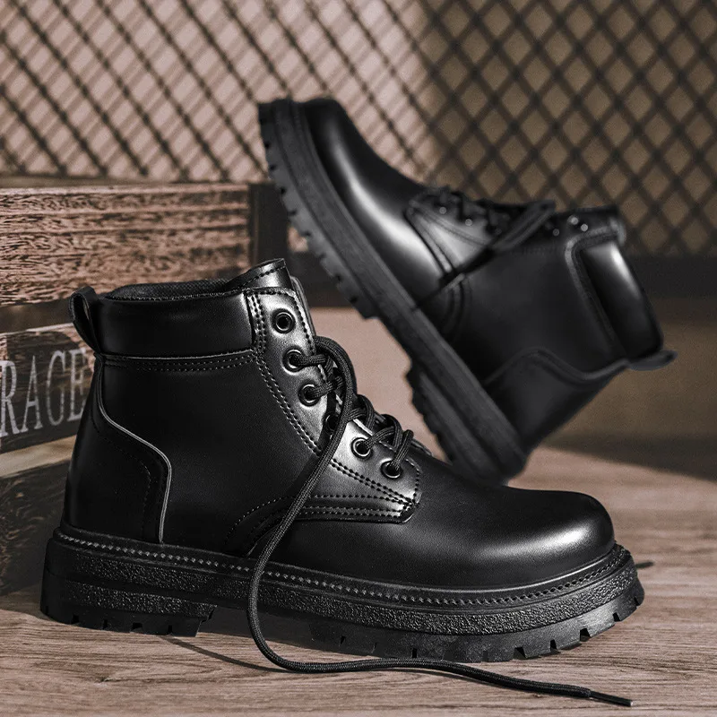 

Classic Black Leather Boots Man Autumn Winter Platform Work Boots For Men Outdoor Lace-Up Men Motorcycle Boot botas de hombre