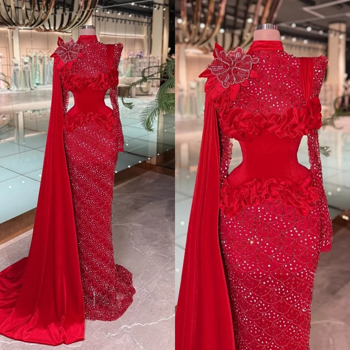 

Vintage Evening Dresses High Neck Prom Gowns Sequins Long Sleeves with Cape Sleeves Princess Customized Vestidos De Noche