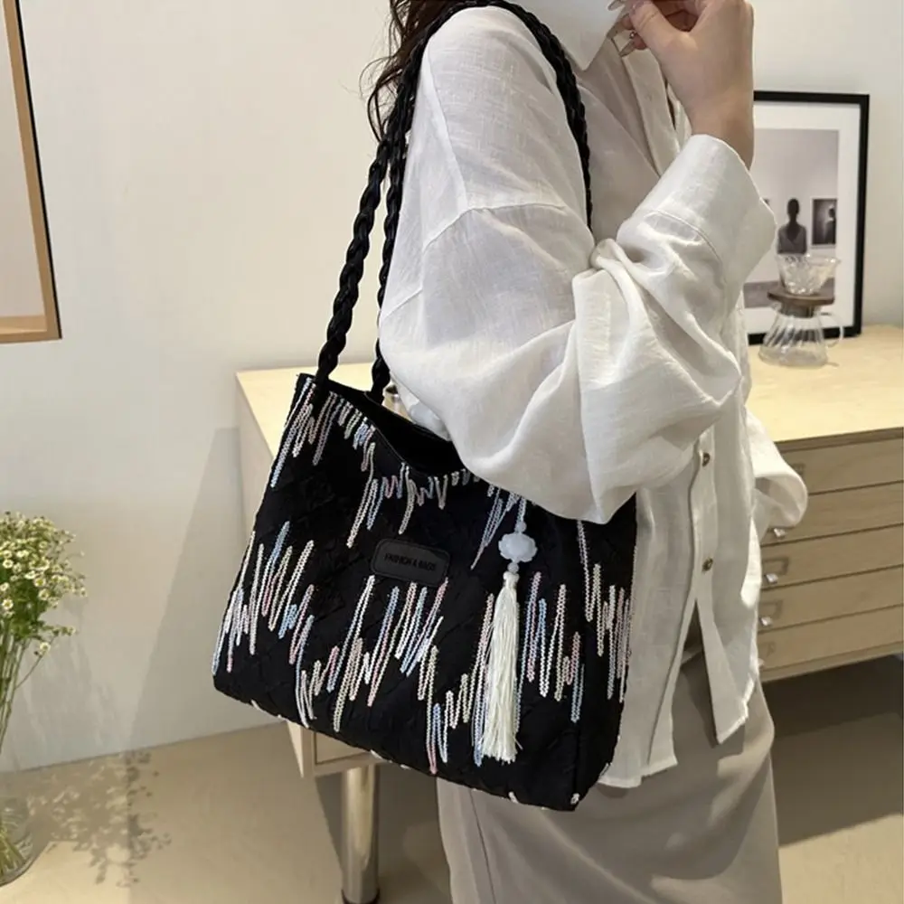 

Creative Soft Women's Shopping Bag Korea Vintage Stripe Printed Handbag Zipper Large Capacity Fashion Shoulder Bag Women
