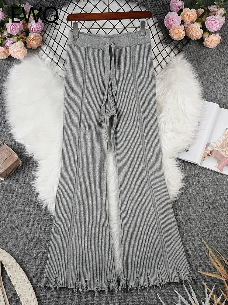 

EWQ 2024 Autumn Winter New Fashion Patchwork Casual High Waisted Drawstring Knitted Tassel Wide Leg Pants For Women CP3320