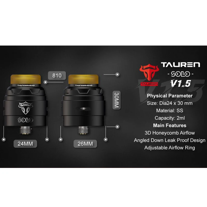 Atomiseur Original ThunderHead Creations Tauren Solo RDA V1.5, 24mm de diamètre, pointe d'égouttement 810, bobine unique pour Vape MOD à filetage 510