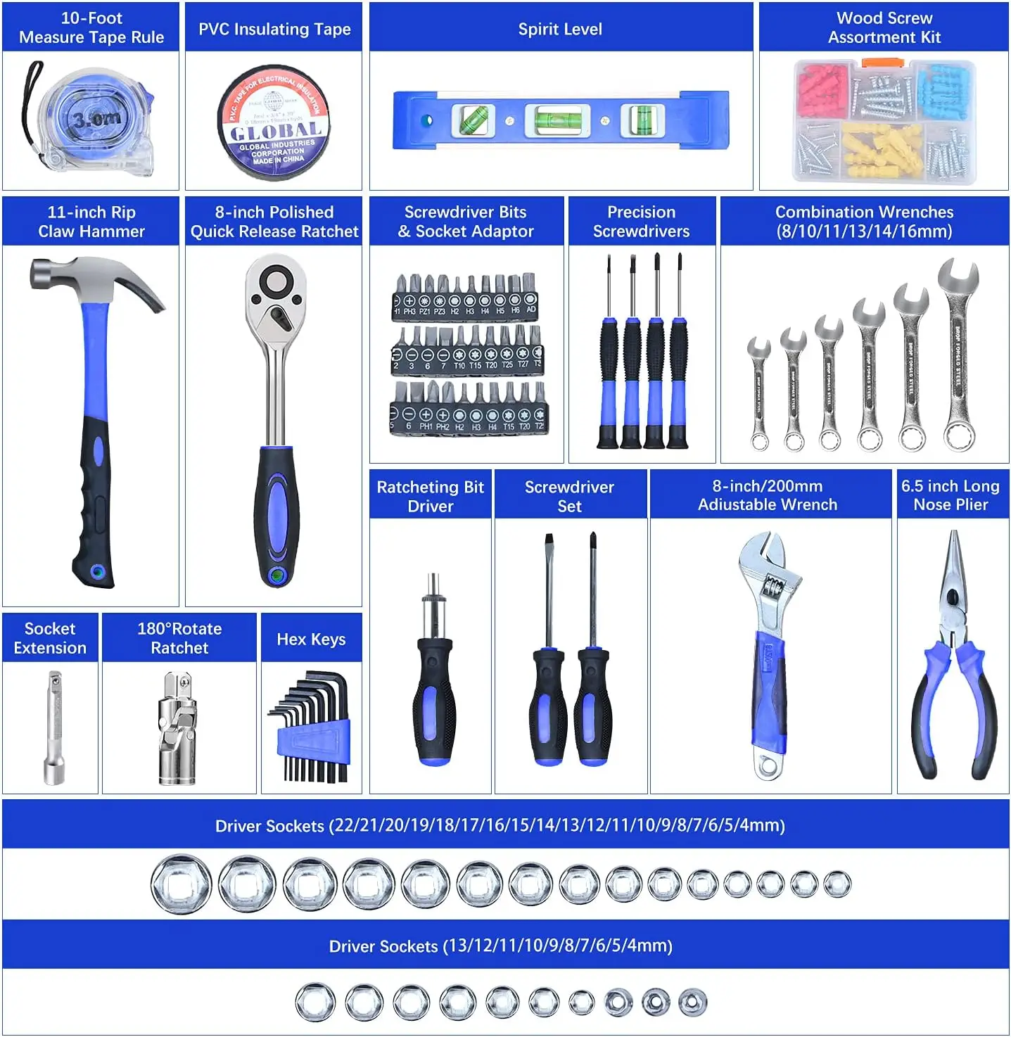 146 Piece Tool Kit, Drive Socket Set Auto Repair Tool Combination Mixed