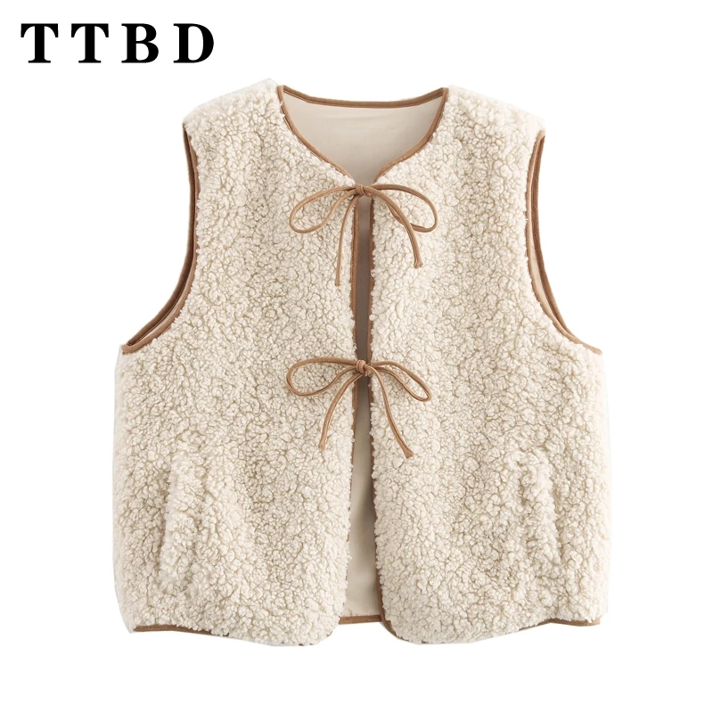 TTBD 2024 nuevo otoño mujer Casual polar chaleco con cordón moda femenina Color sólido sin mangas cuello pico bolsillos Top abrigo