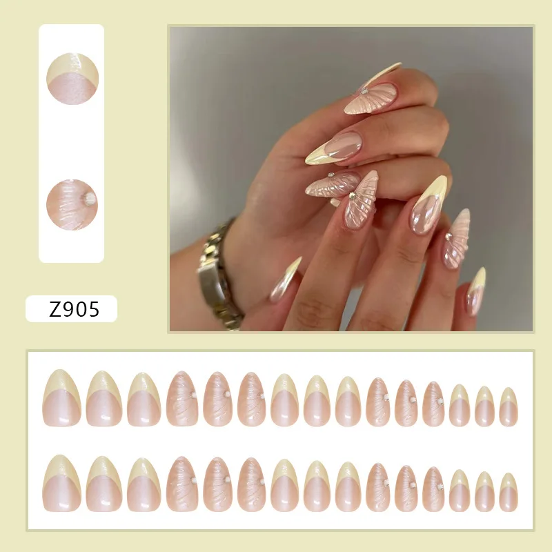 

24Pcs Short Round Head Almond Fake Nails with Wave Grass Pattern Wearable False Nails Tips Summer Full Cover Press on Nails CF11