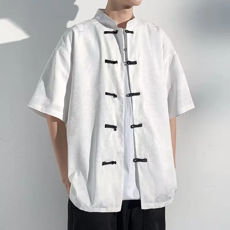 

Летняя мужская рубашка-куртка большого размера 250 Pou в новом китайском стиле с коротким рукавом, новинка 2025 года, дизайнерская сенсация