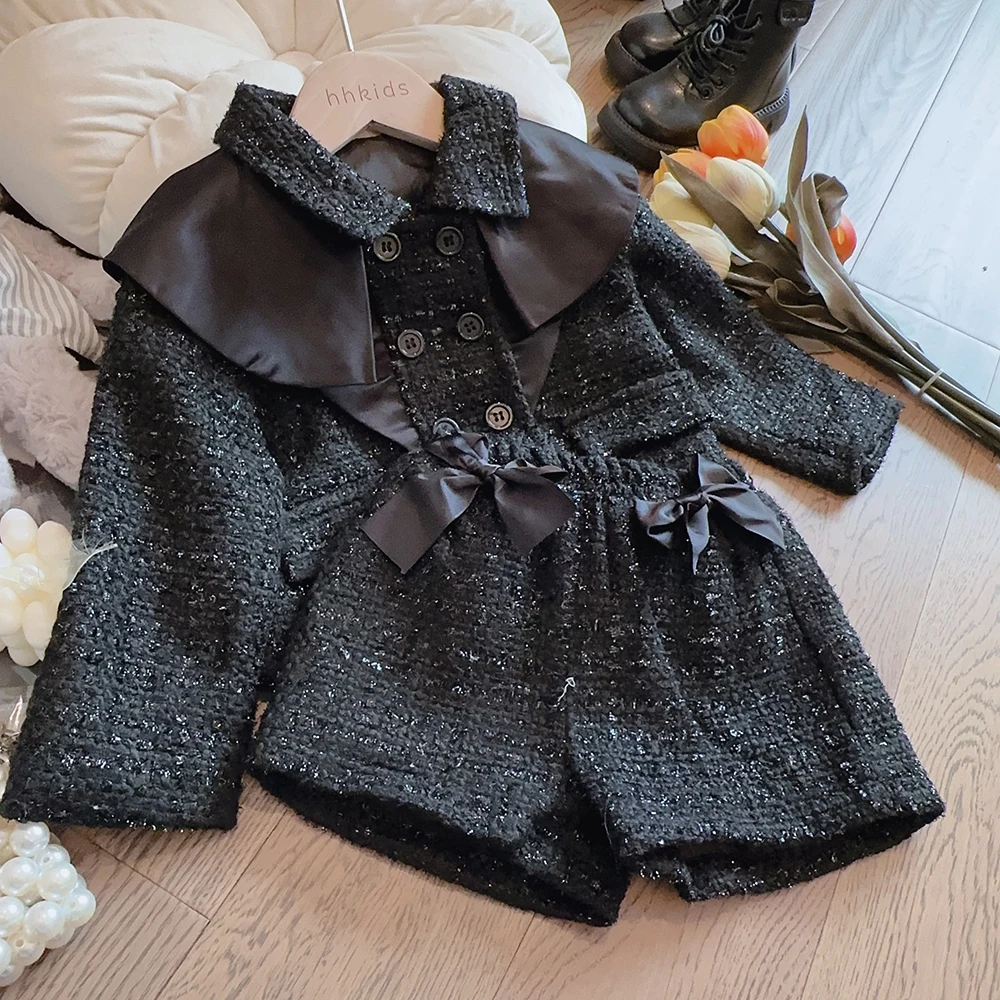 

2-7T Children Weave 2piece Set Girl's Spring Autumn Lapel Double Black Fashion Set Patchwork Satin Bows Cute Elatic Pants Set