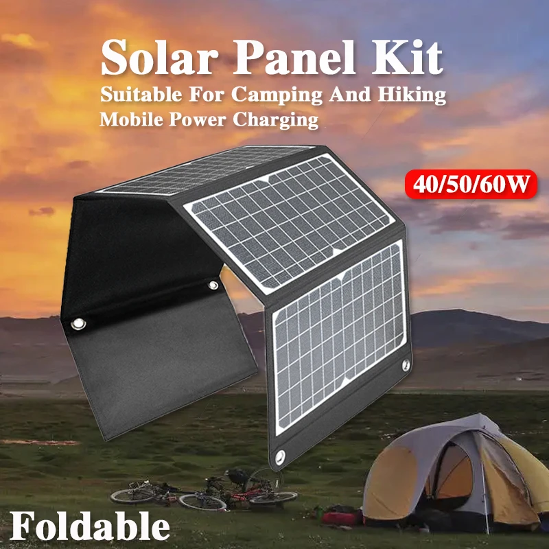 

40-60W Outdoor Solar Panel Complete Kit USB Portable Foldable Solar Plate Bag For Camping Hiking Cell Phone Power Bank Charging
