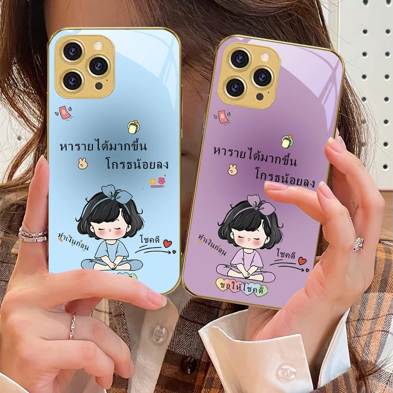 

Good luck Cartoon Girl For IPhone 16 16Pro Max 15 P ro 14 13 Plus 12 Mini 11Pro Max XS Max XR Golden tempered glass phone case