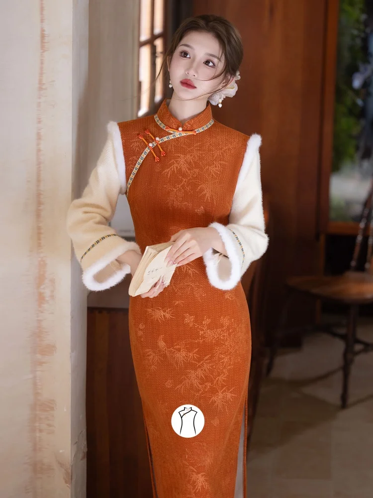 

Теплое длинное платье-ципао для девочек из утолщенного флиса, красивое, в китайском национальном стиле, для зимнего сезона