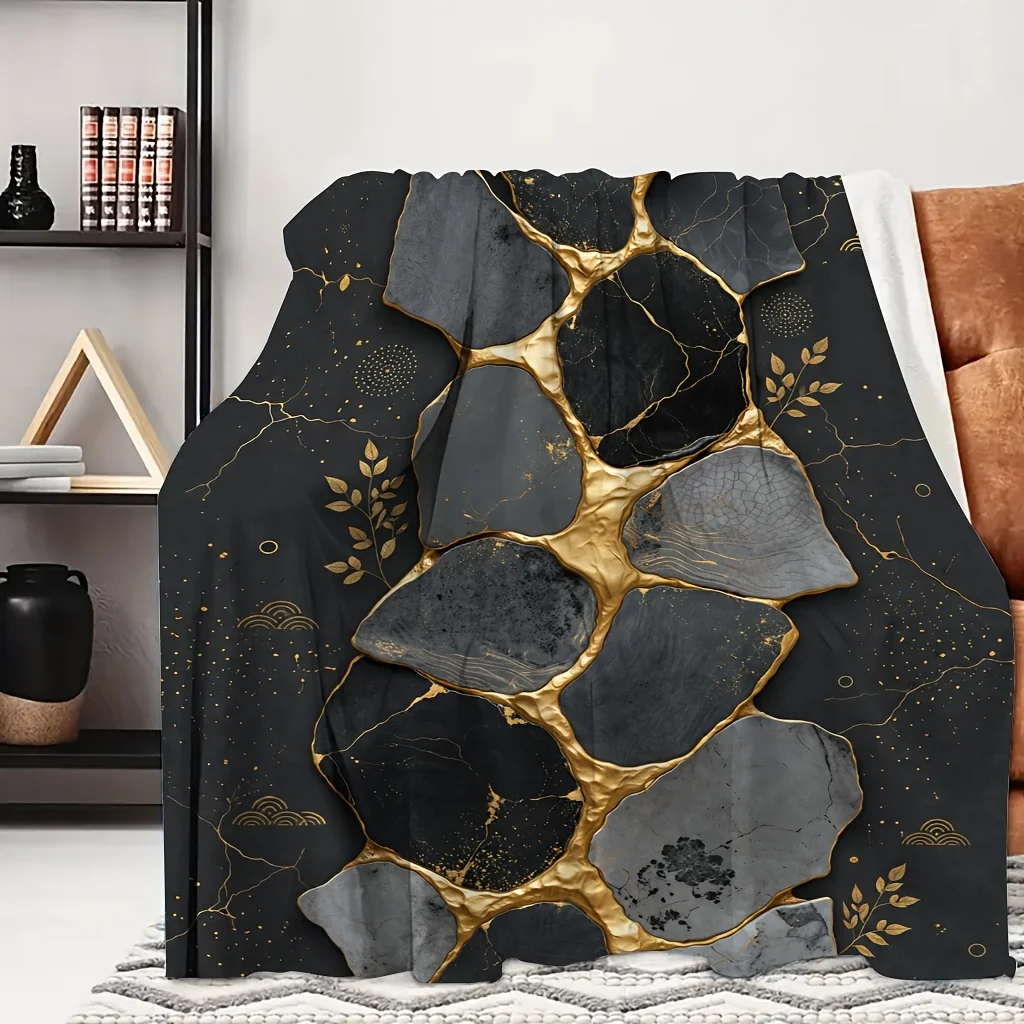 1pc Black Golden Crack Rock Kintsugi Texture Print Flannel Blanket, Skin-friendly and Comfortable, Suitable for Blankets, Kid Be