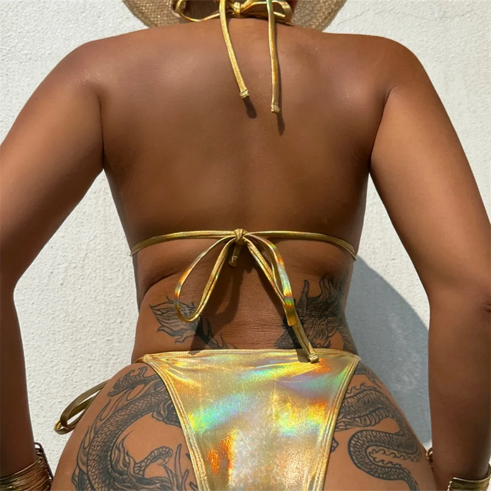 Сексуальное блестящее золотое бикини в стиле металлик в стиле панк с открытой спиной, экстремальный купальник с эффектом пуш-ап, отпускной купальник, женский купальный костюм Танга, пляжный наряд