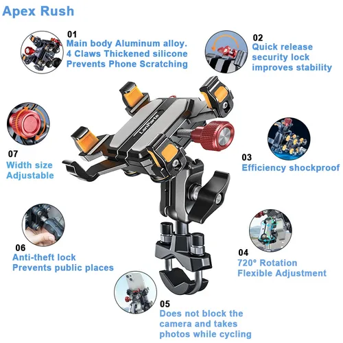 Apex Rush 2025 nuevo soporte de teléfono para motocicleta aleación de aluminio con amortiguador cerradura de seguridad de alta velocidad cerradura antirrobo