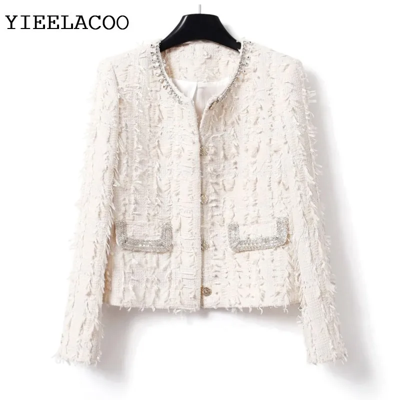 

Beige tweed jacket autumn/winter women's clothing, elegant Top with feather design, classic jacket