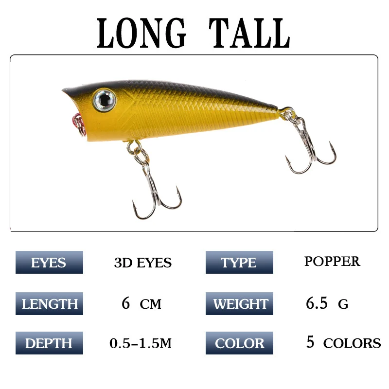 1pc Popper Fishing Lure 6cm/6.5g Hard Bait Artificial Topwater Bass Trout Pike Wobbler Fishing Tackle with 2 Treble Hooks