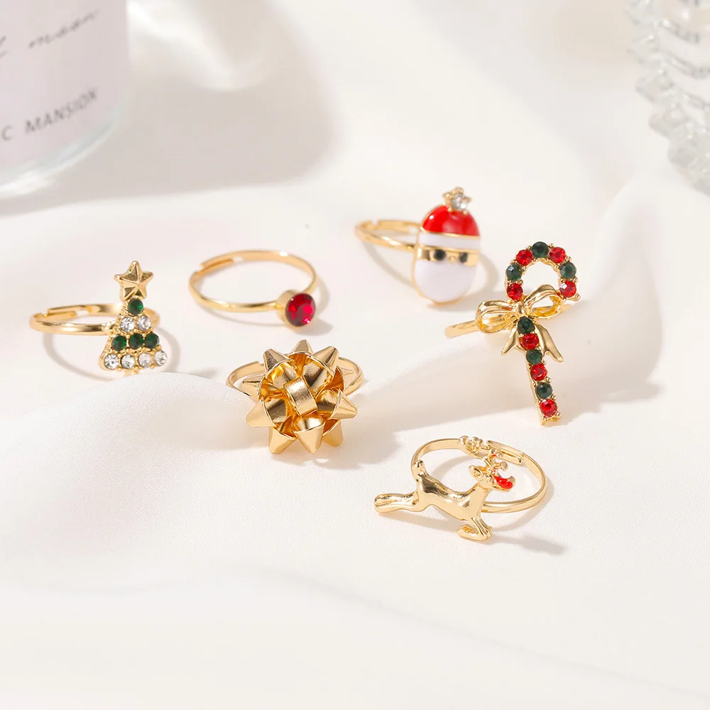 6 Pcs/Set Punk Cute ​Trendy Elk Snowman Santa Claus Geometric Opening Adjustable Rings For Woman Girl Christmas Gifts