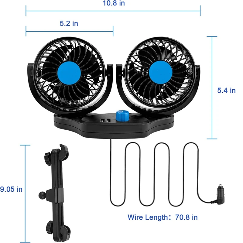 12V Car Dual Fans Headrest Portable Car Seat Fan 360° Rotatable Cooling Air Fan USB Charging Ports for SUV, RV, Vehicles