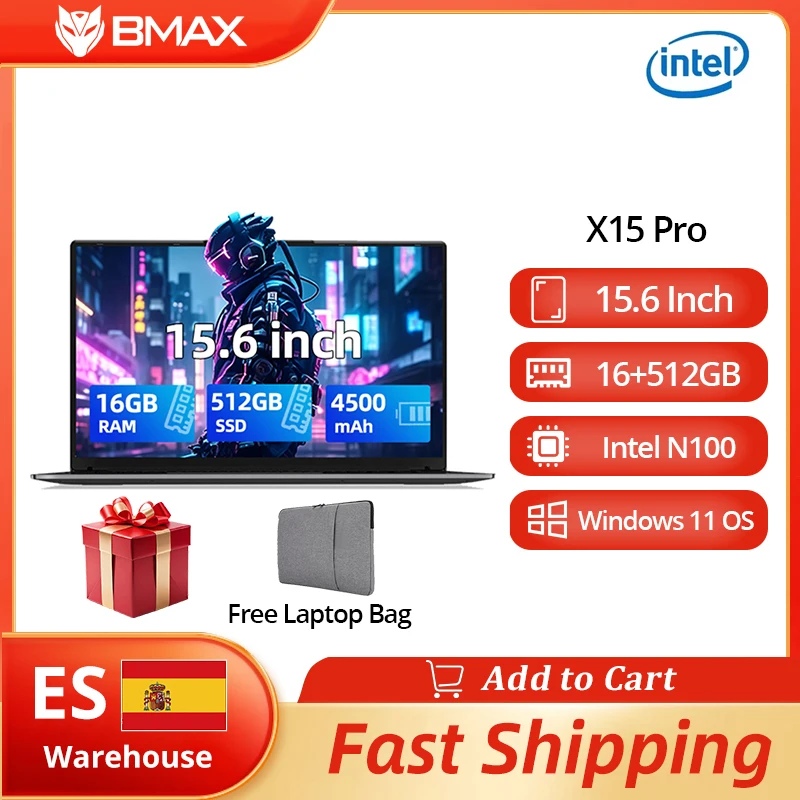 Computadora Portátil Bmax X15 Pro, Pantalla IPS de 15.6», Intel 12.ª Gen. N100, 16 GB de RAM DDR4, 512 GB de SSD, Windows 11, Teclado Numérico, HDMI, Wifi, USB, PC