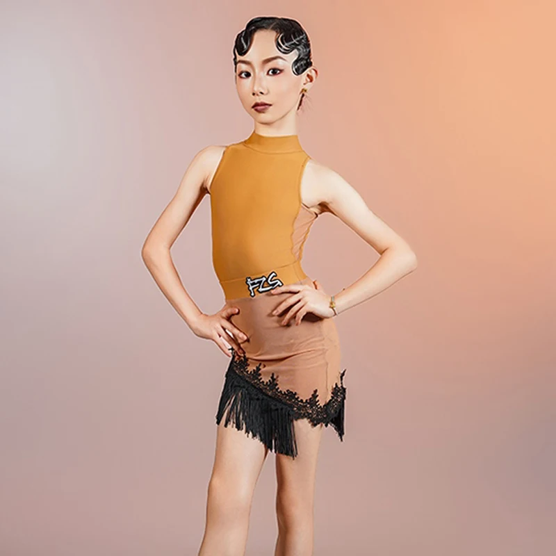 

Kids Professional Dancing Clothes Girls Sleeveless Latin Dance Fringed Dress Children Chacha Rumab Latin Dance Wear SL12724