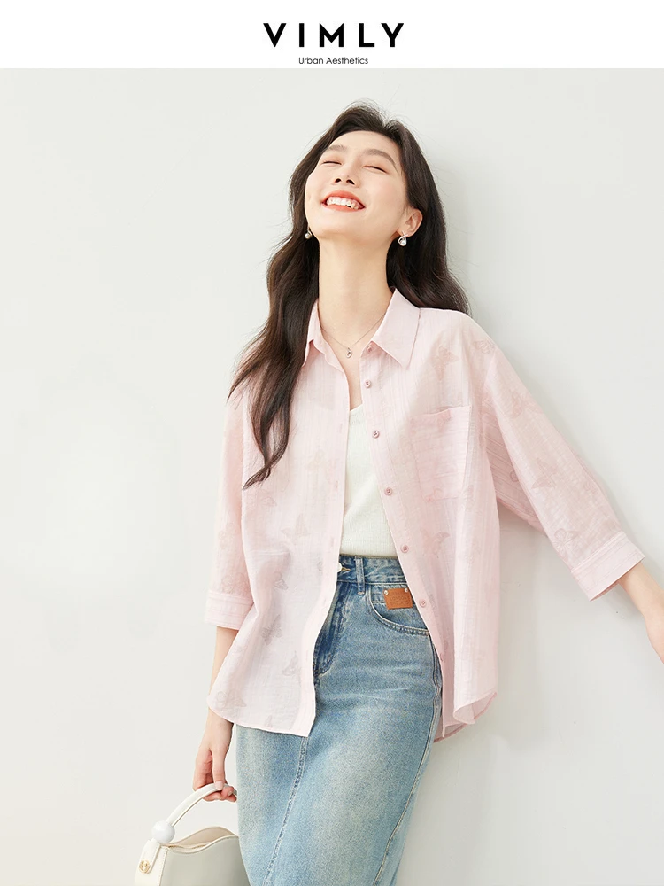 Vimly Light Pink Button Up Casual Lyocell Shirt 2024 Spring Lapel Three Quarter Sleeve Thin Printed Women Blouse Clothes M6815