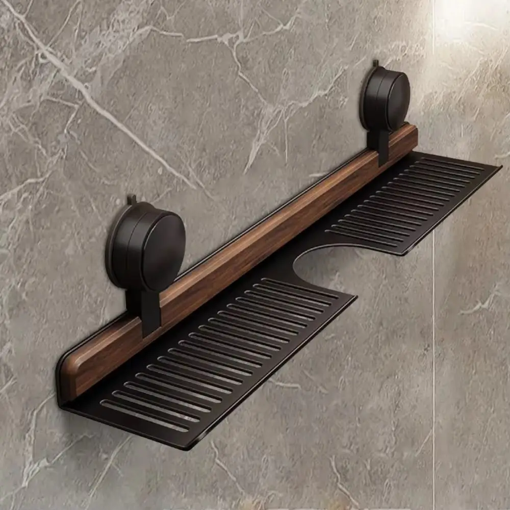 

Walnut Finish Suction Cup Bathroom Shelf Wall Mount No Drill Over Faucet Sink Rack Drain Basket Rustproof" Shower Shelf Bedroom