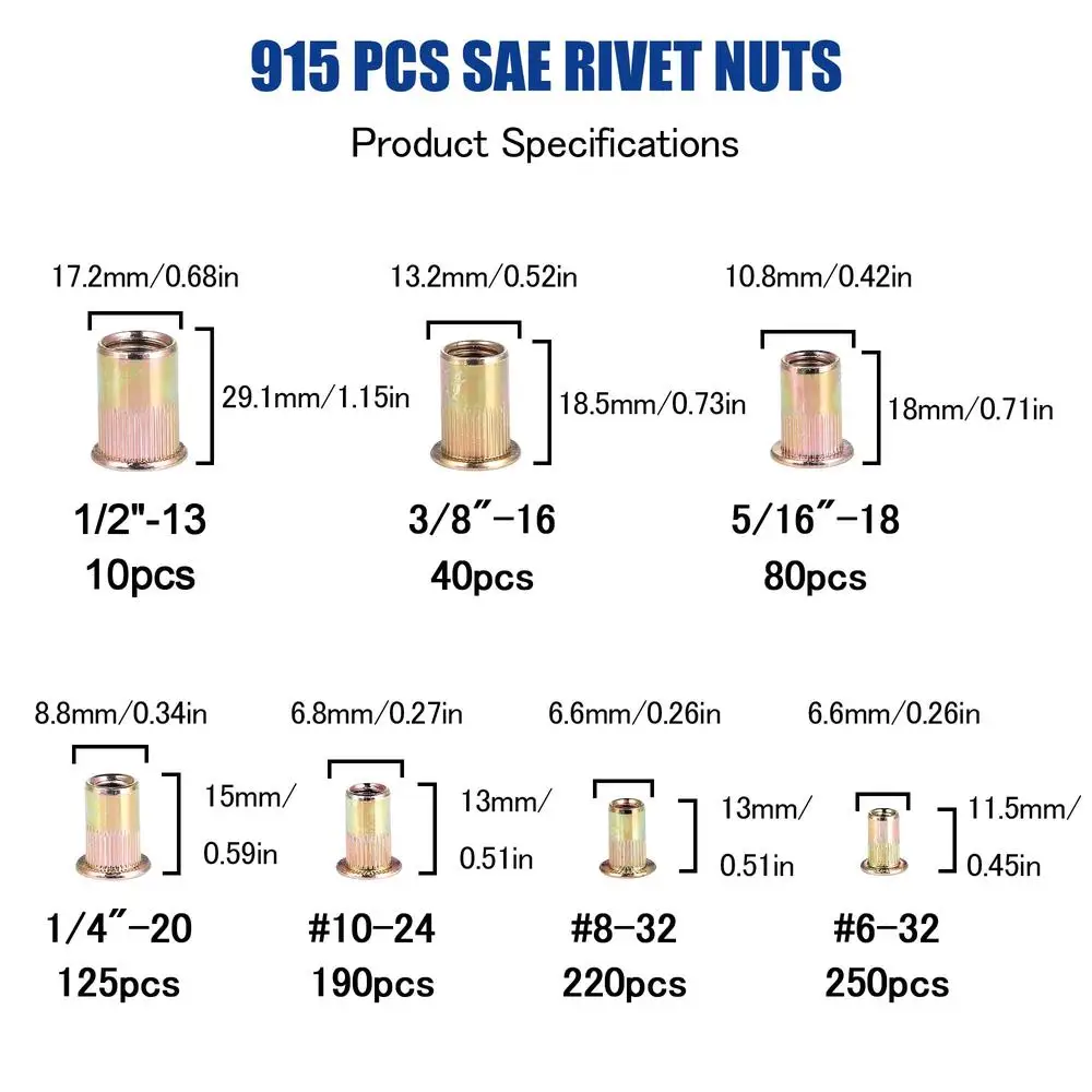 915 قطعة طقم جوز برشام من الفولاذ الكربوني المطلي بالزنك SAE UNC تشكيلة 6 # -32 8 # -32 10 # -24 1/4"-20 5/16"-18 3/8"-16 1/2"-13 متين