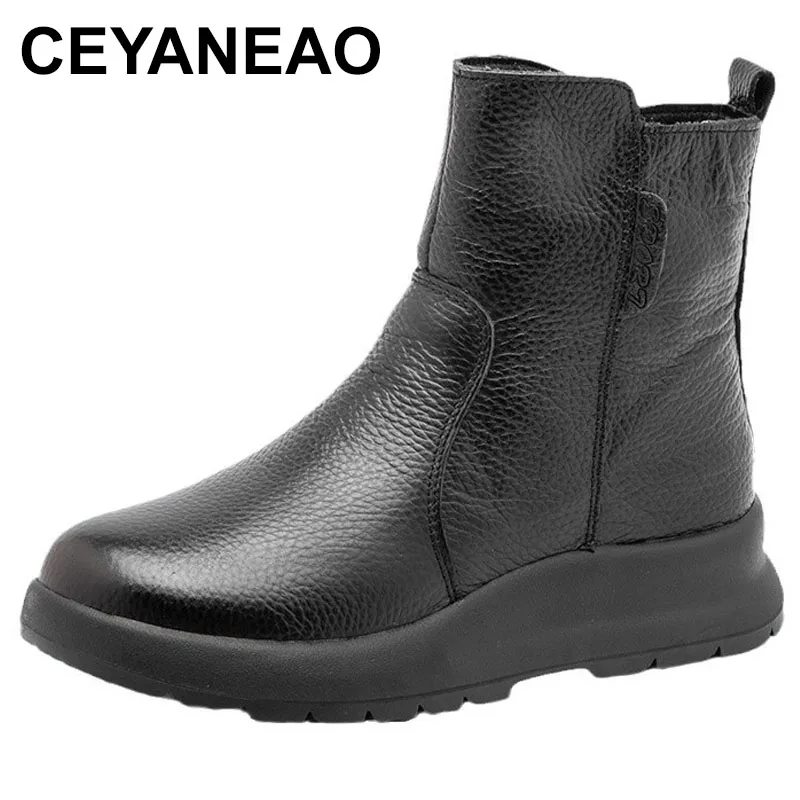 

Women Winter Warm Snow Boots Thick Bottom Round Toe Zipper Genuine Leather Shearling Fur Wool Platform Ankle Boots Lady