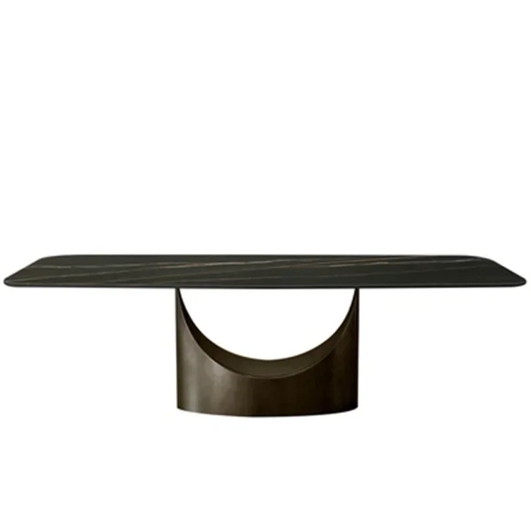 

Rock slab dining table and chair combination, light luxury household large rectangle, yellow bronze dining table