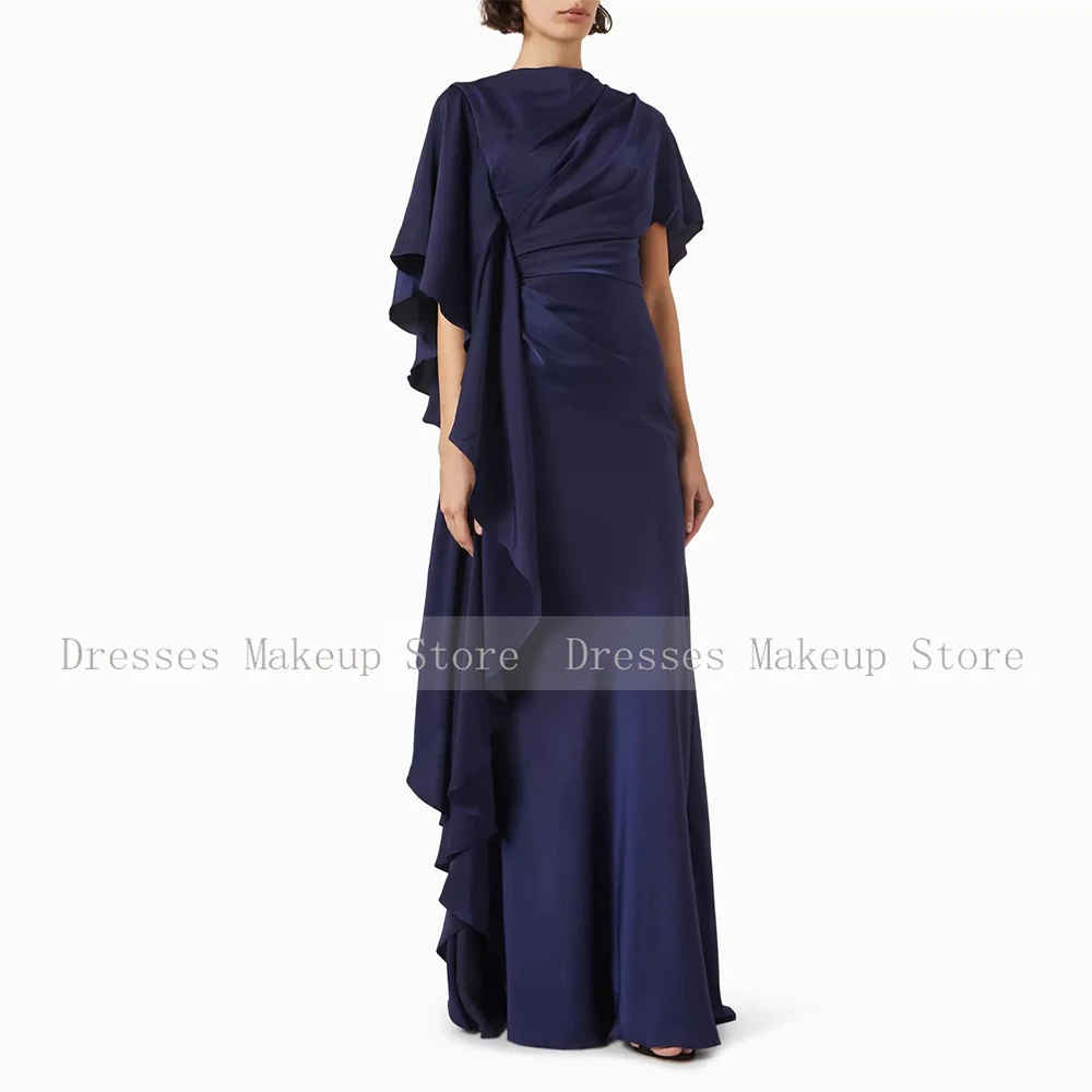 Elegant Evening Dress Navy Blue Satin Pleat Ruffles Women's Evening Gowns Mermaid O Neck Trumpet 2024 Wedding Guest Dresses Long image 4