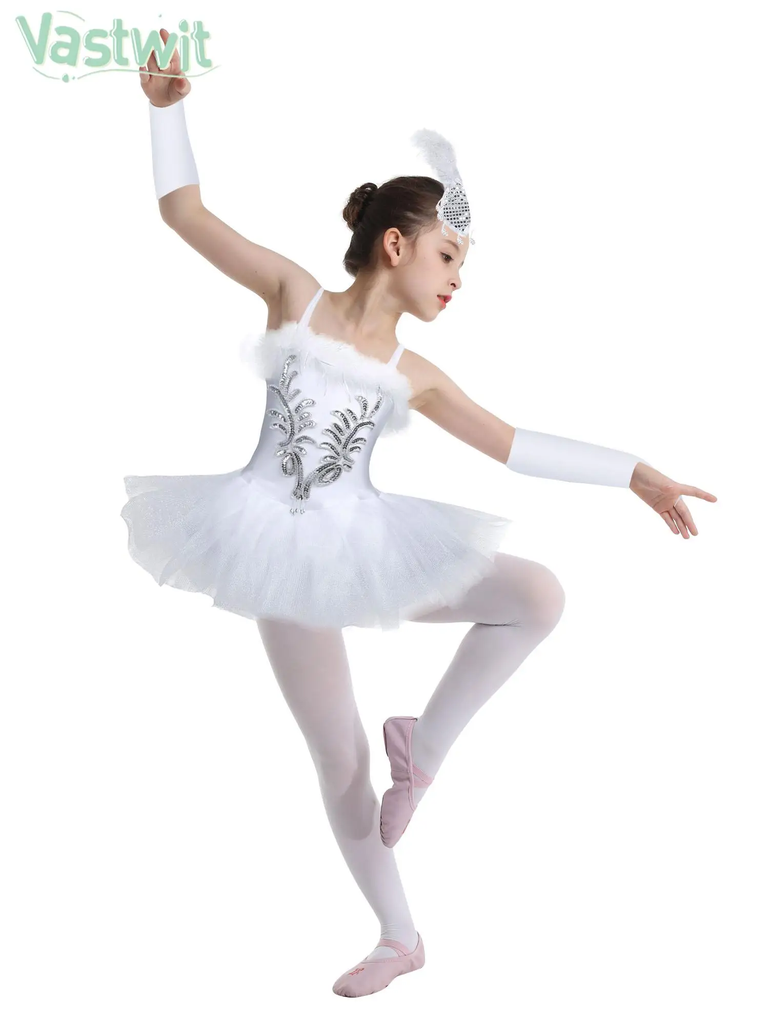 Children Girls Ballet Dance Tutu Sequin Feather Mesh Leotard Dresses with Gloves Hair Clip for Swan Dancing Gymnastics Skating