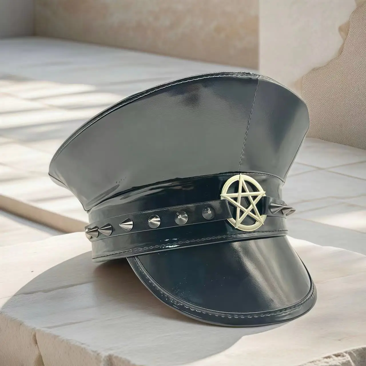 HongLuan Laser lederen kapiteinshoed Strass en militaire petten voor dames, Rave Festivals Accessoires & Feestpet Man Cosplay Fem