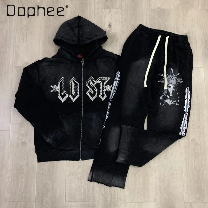 American High Street Fashion Washed Rhinestone Vintage Distress Hoodies Sweatpants Two-piece Set Men Clothing Trendy Pants Set