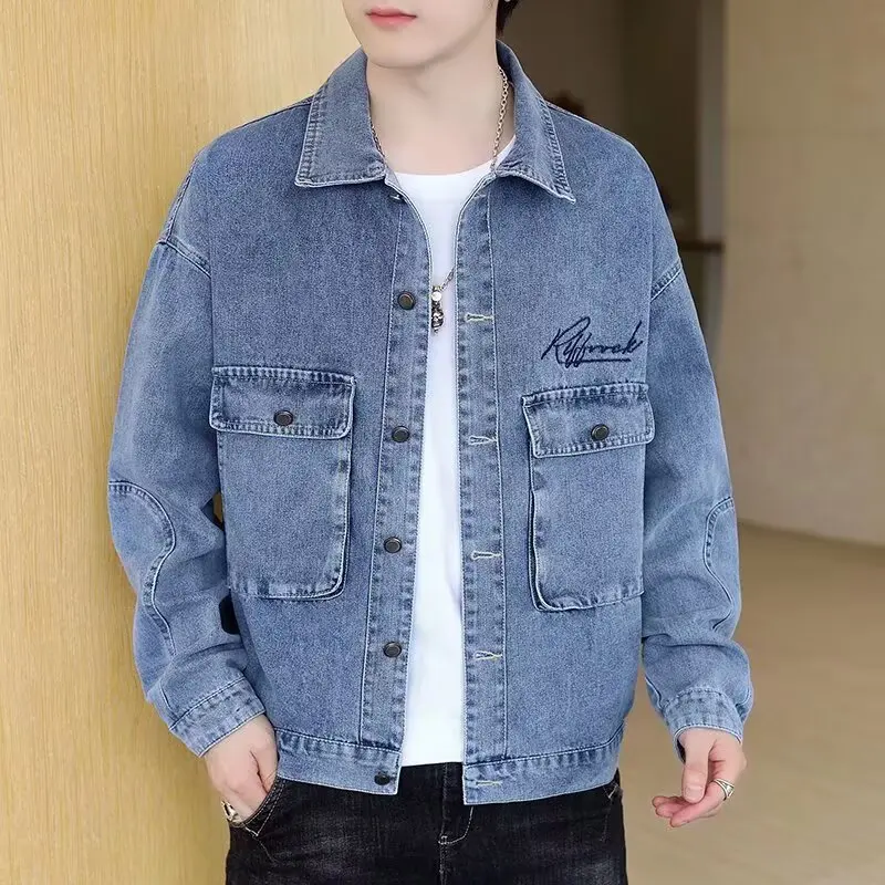 

Casual Style Men's Denim Jacket Large Size Autumn Winter Fashion Trend Outerwear Long Sleeve Standard Fit Teenager Polyester ...