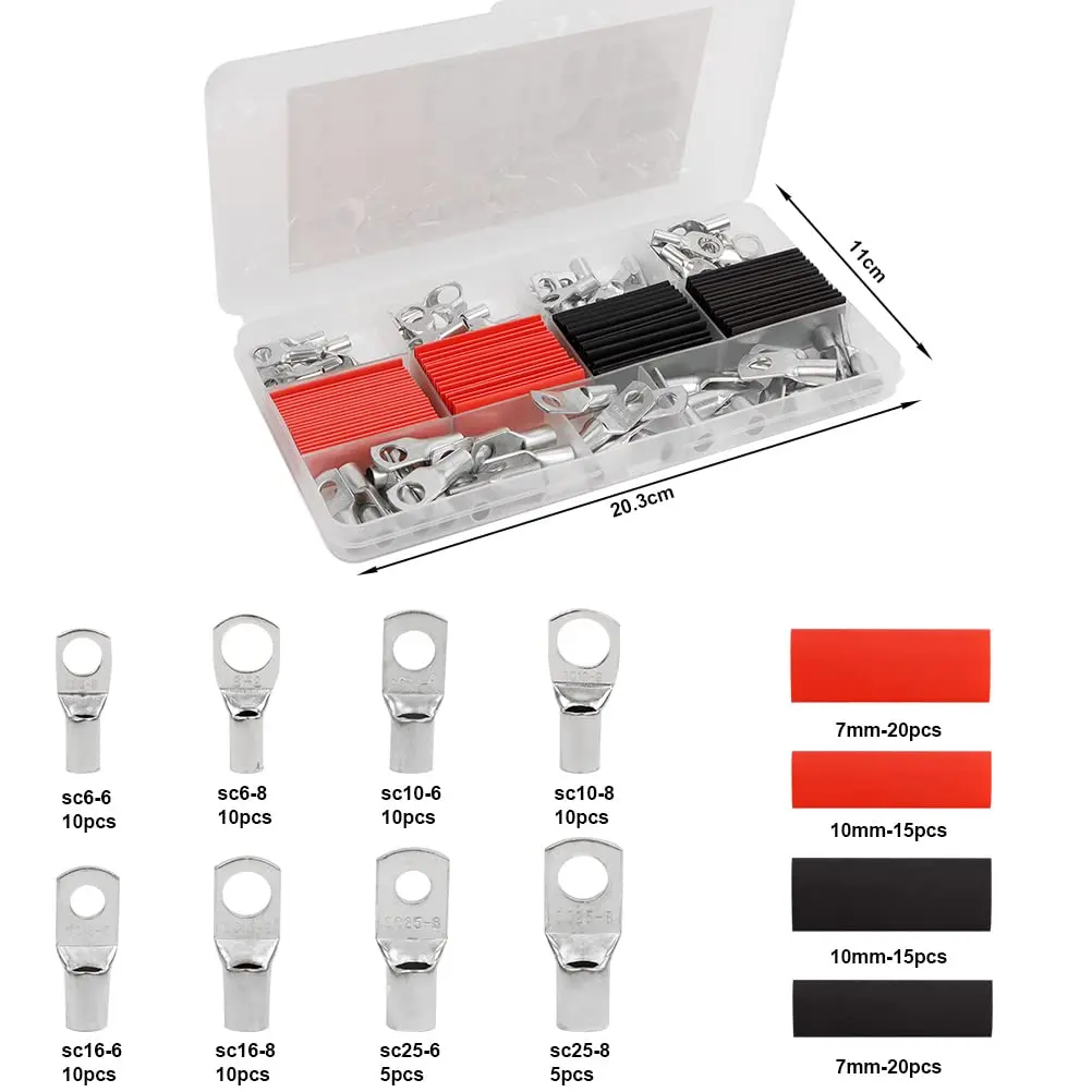 140Pcs Copper Wire Lugs AWG10 8 6 4 2 with 70pcs Heat Shrink Set, 70Pcs Battery Cable Lugs Ends Ring Terminals Connectors