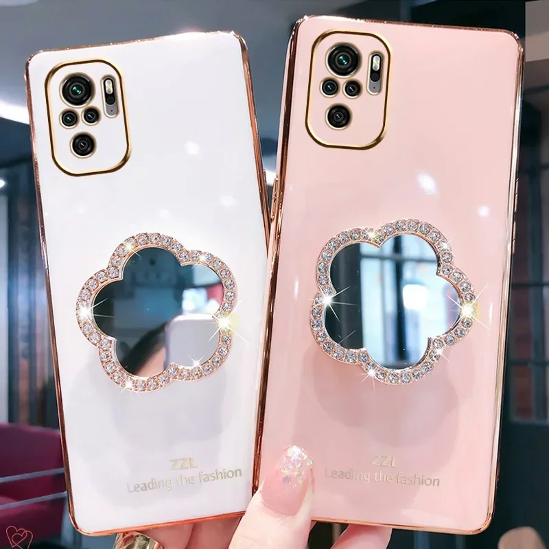 Diamond Mirror Holder Silicone Case For Redmi Note 12 Pro 12 4G 11 Pro 11S 10 10S 10C 9T 9 8 8T 10A A1 12C Plating Cover