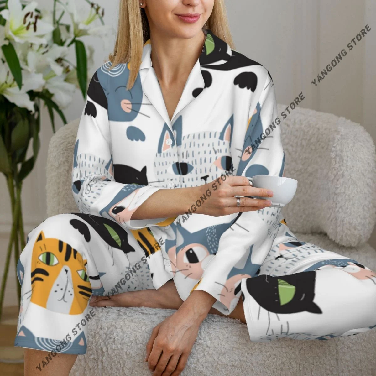 

Spring and Autumn Long Sleeve Pants Pajamas Loungewear Set Cute Cats Nursery Illustration Women's Pull Edge Loose Sleeping Suit