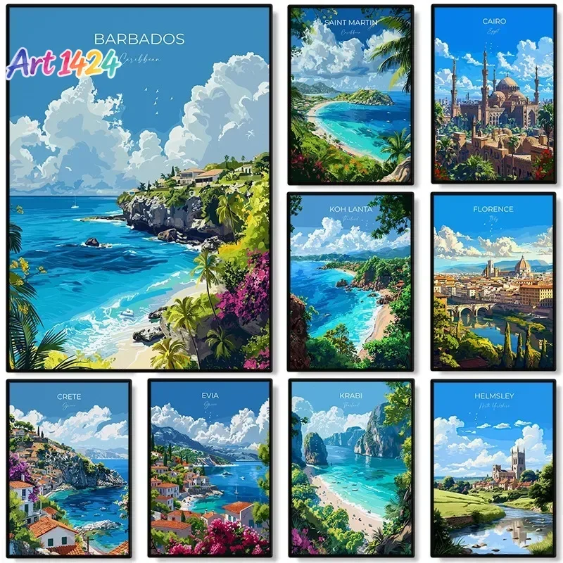 Modern Travel Landscape City Poster Blue Coastal Islands Fine Day Beautiful Scenery Canvas Painting Wall Art for Room Home Decor