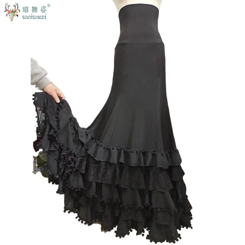 تنانير رقص الفلامنكو الإسبانية مخصصة عالية الخصر التخسيس متعدد الطبقات كعكة كبيرة سوينغ تنورة التانغو الفالس الأداء تنورة #2