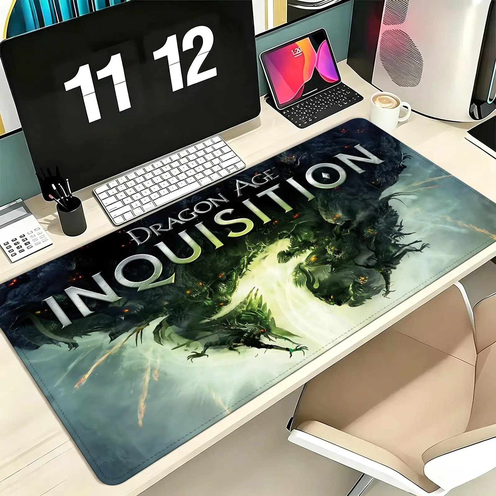 Tapis de souris de jeu Pro E-Sports XXL, tapis de bureau extra large antidérapant avec bords cousus pour clavier et ordinateur portable, pour PC Gamer Dragon Age Inquisition