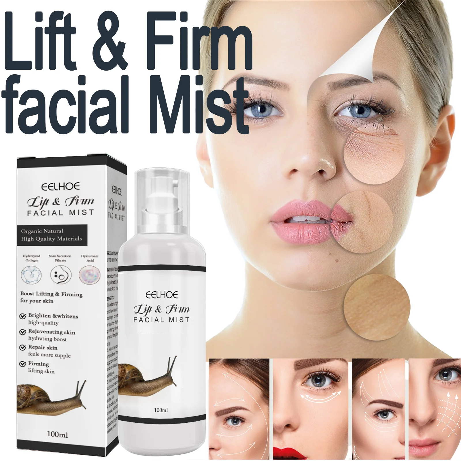 EELHOE Lift & Firm La niebla facial ayuda a iluminar y uniformemente el filtrado de la secreción de caracol de la piel Restaura hidrata la piel 100 ml