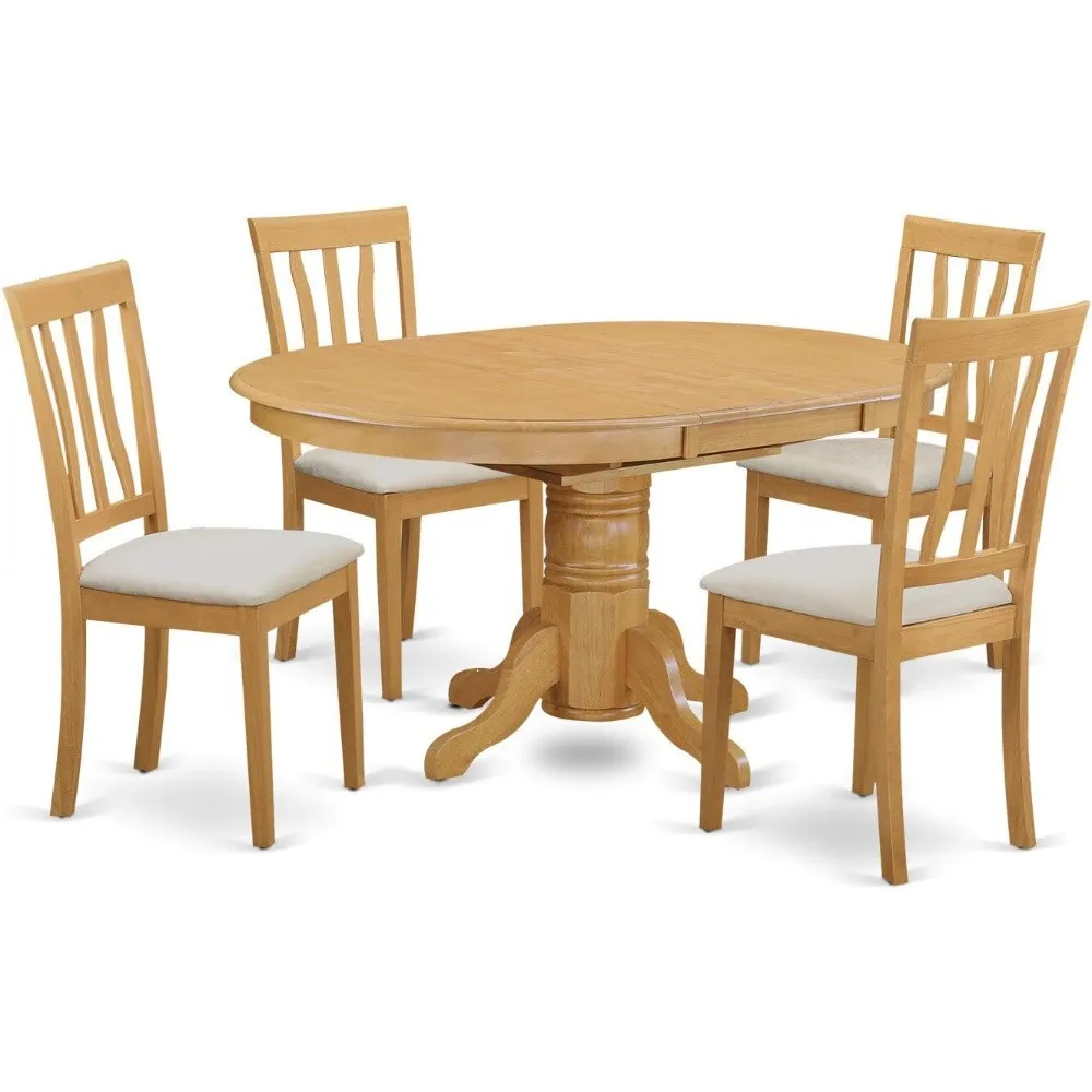 5-Piece Kitchen Set for 4 Includes One Oval Table with Butterfly Leaf and 4 Linen Fabric Dining Room Chairs, 42 x 60 Inches