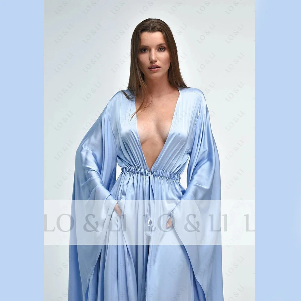 LO&LI Summer Sky Blue Sexy Bride Lingerie Wedding Robe Set Kimono Nightgown Silk Bridal Ready Gift Custom Made Deep V-Neck