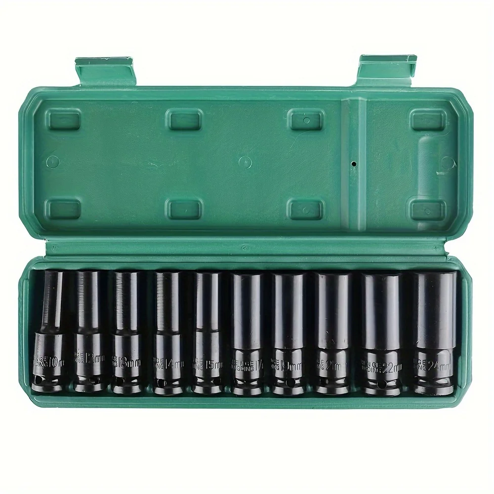 10pcs 1/2 Drive 8-24mm Metric Impact Socket Set Universal Socket Metric Deep Socket Set Wrench for Air Pneumatic Repair Tools