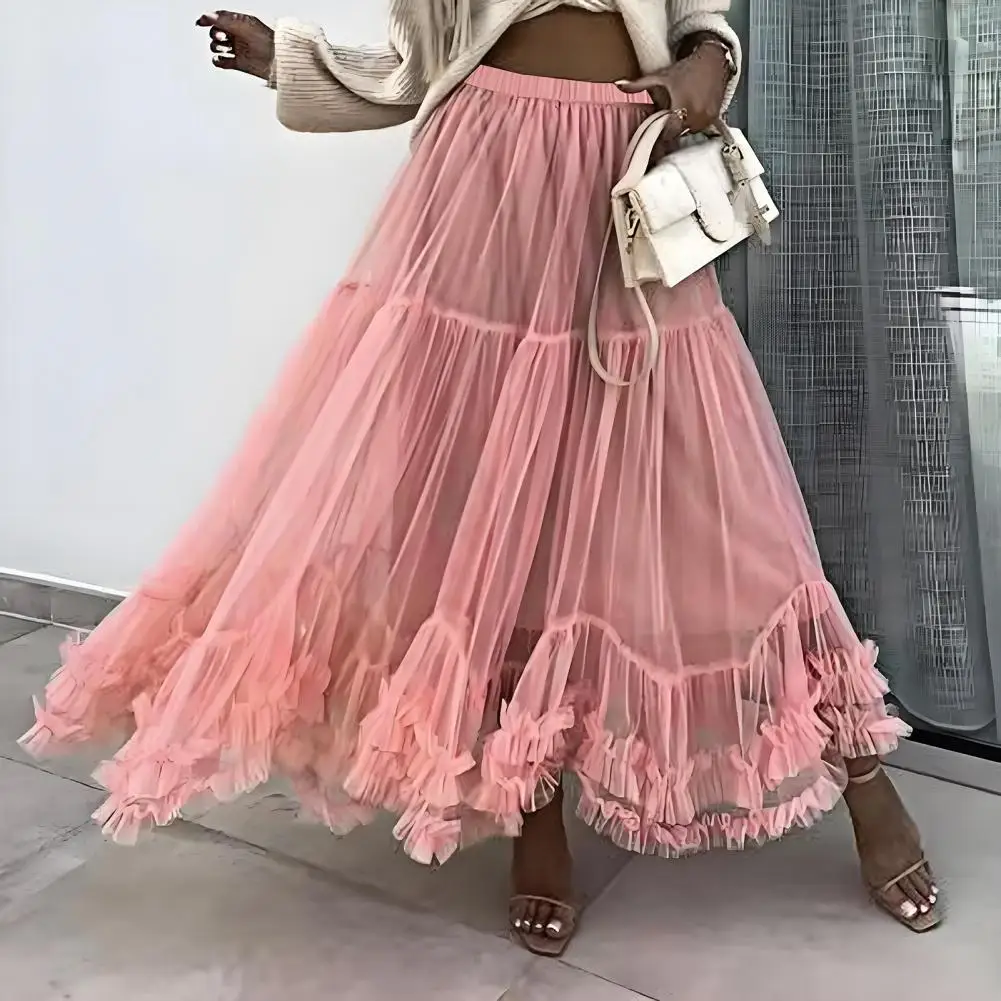 

High Waist Solid Color Skirt Elegant Mesh Yarn Midi Skirt with High Elastic Waist Ruffles Trim A-line Silhouette for Work