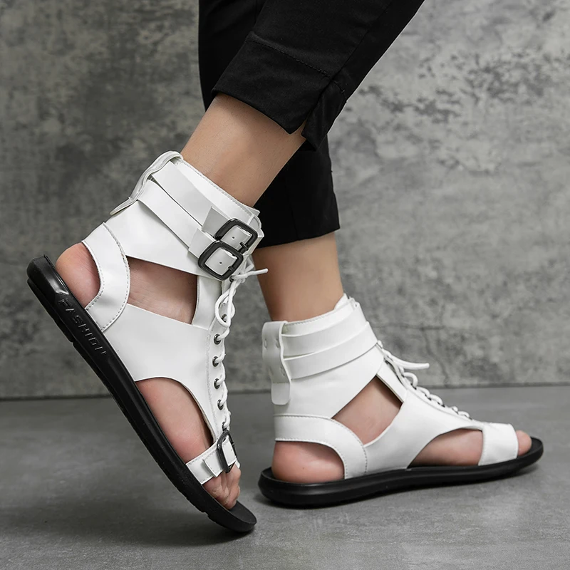 Summer New Fashionable Men Sandals Lace Up Outwear Breathable Versatile British and Roman Sandals Black and White Size 38-45 - Detail 1