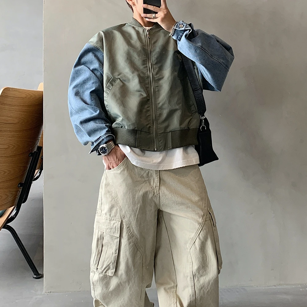 韓国スタイルアメリカンデニムパッチワークボンバージャケット男 - Vintage Urban Fashion のレビューと価格