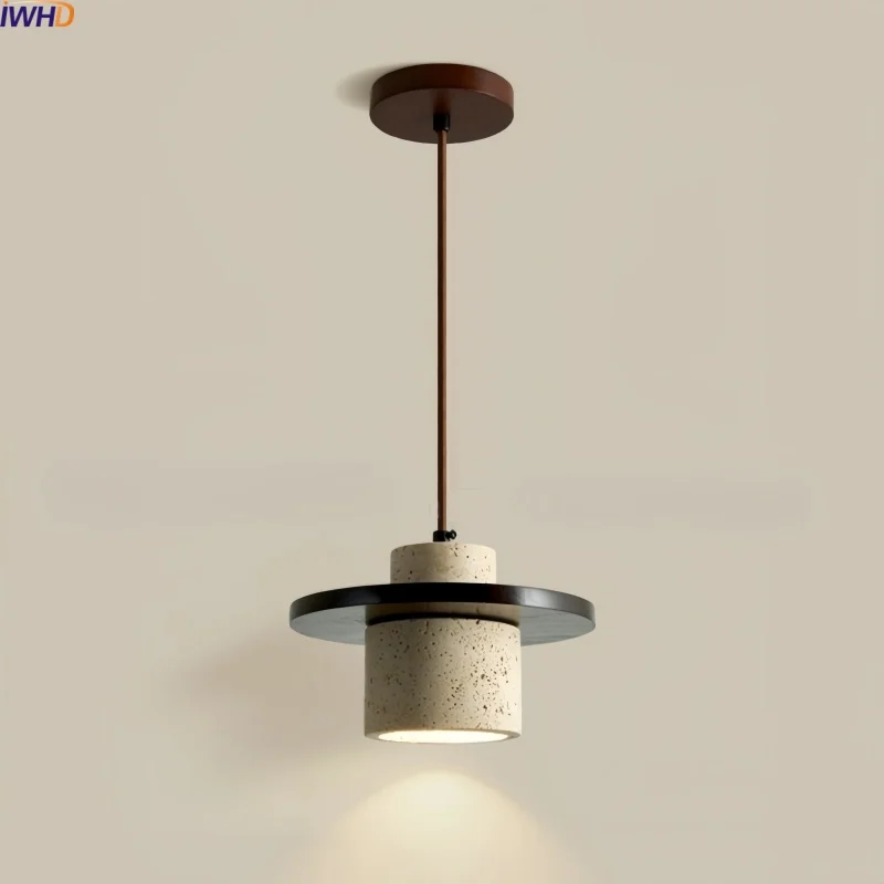 

IWHD Home Design LED Pendant Light Bedroom Dining Table Room Yellow Travertine Wood Wabi Sabi Hanging Lamp Luminaire Suspension