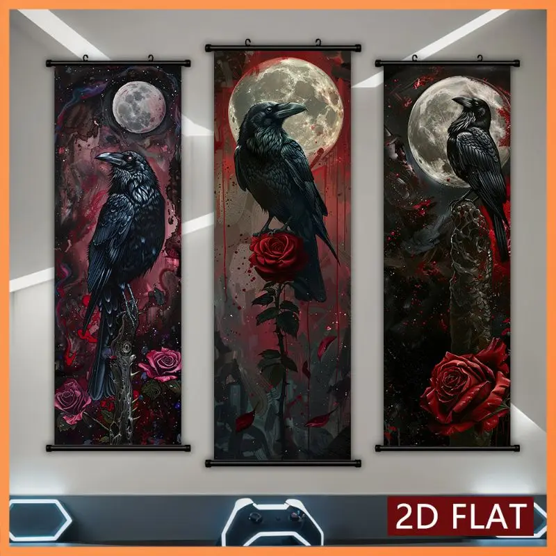 VIKAMA Black Crow Red Rose Wall Tapestry Full Moon Gothic Dark Fantasy Scroll Art Home Decor Charming Soft Durable Cozy Gift